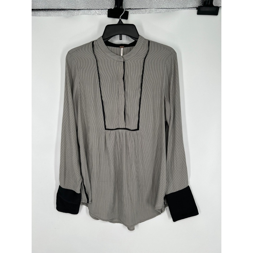 Free People Blouse Women's Medium Gray Black Striped Long Sleeve Popover Top